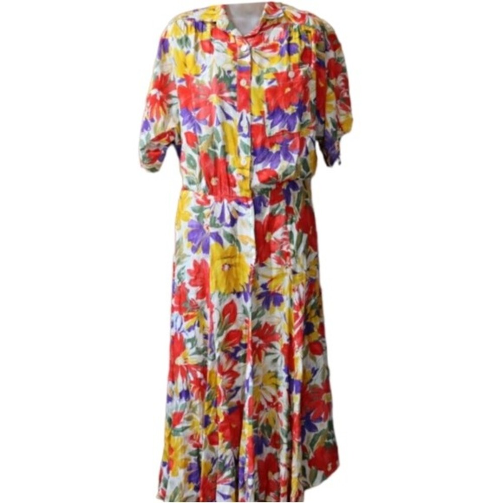 Donna Morgan Vintage Bright Floral Colorful Drop Waist Shirt Dress USA 7/8